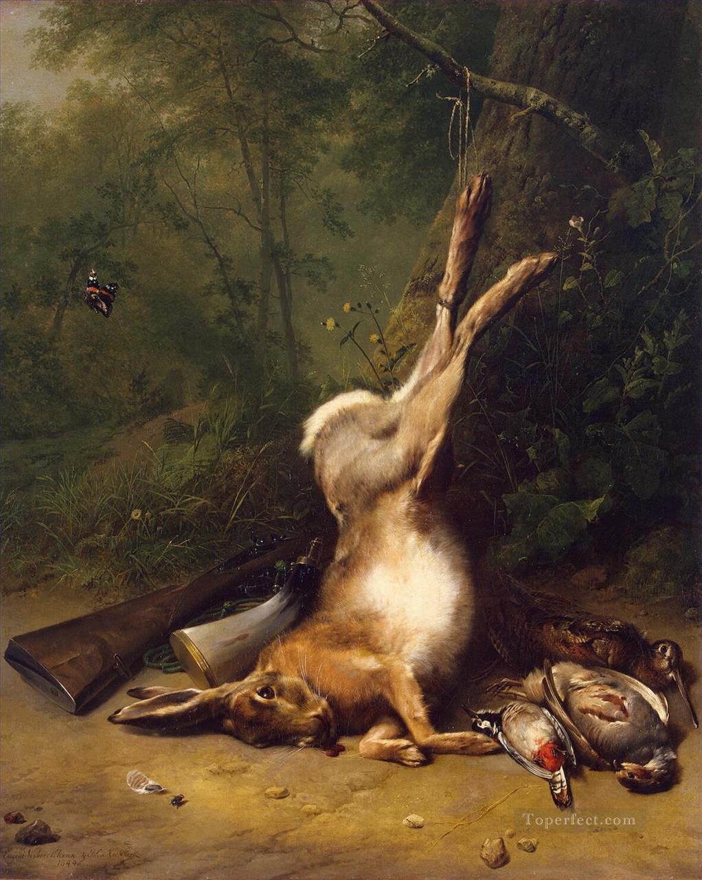 Verboeckhoven Eugene Joseph Koekkoek Barend Cornelis Naturaleza muerta con una liebre Pintura al óleo